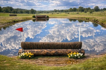 Naklejka premium A wooden bench sits beside a peaceful pond