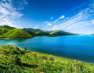 Fototapeta premium expansive blue lake with lush green hills