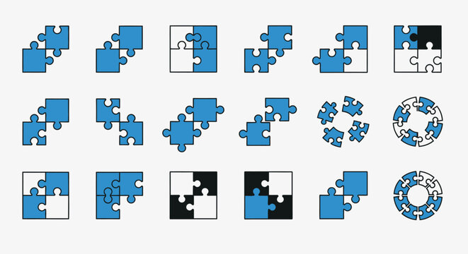 Collection of blue and white jigsaw puzzle icon configurations