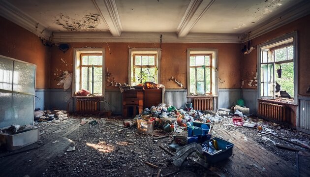 old abandoned room with different mess garbage