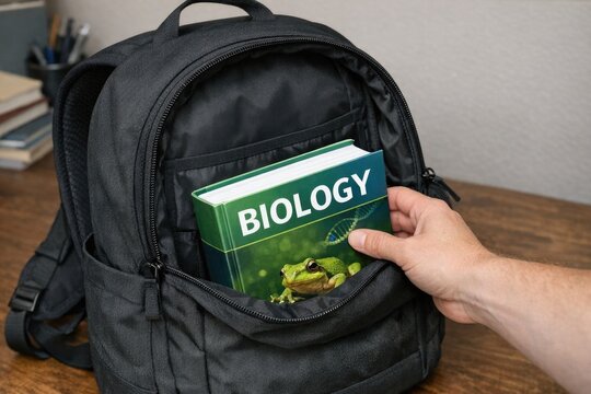 A person holds a book in their backpack while hiking, perhaps for downtime or leisure