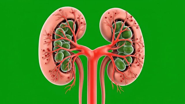 Realistic 3D Medical Animation of Renal Cortex with Nephrons and Blood Vessels on Green Background for Educational and Healthcare Visualizations