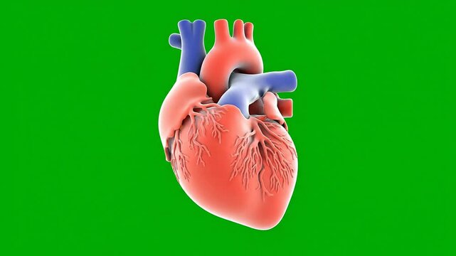 Realistic 3D Medical CGI Animation Of Human Heart With Visible Arteries And Veins Rotating On Green Screen Background Ideal For Medical Educational Content