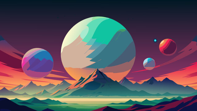 Surreal space landscape with alien planets and mountain range science fiction cosmos background digital art space exploration outer space planet system night sky landscape mountains universe