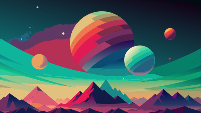 Stylized abstract sci-fi space landscape with colorful planets and mountains sci fi landscape mountain abstract astronomy universe colorful illustration celestial background exploration