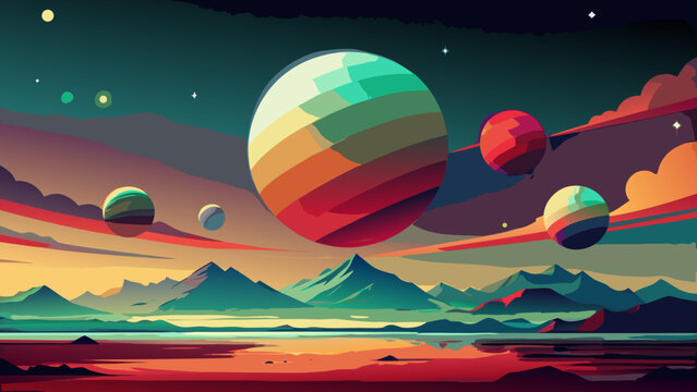 Abstract space scene with multiple colorful planets over surreal mountains sci fi mountain landscape abstract illustration celestial colorful background astronomy universe exploration