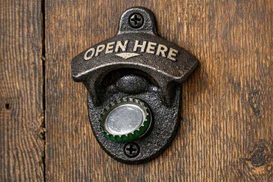 A bottle opener with the words 'Open Here' printed on it, perfect for use in bars, restaurants or parties