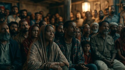 Fototapeta premium Villagers gathered in a rural community hall during a tense evening meeting, worried faces and guarded body language, dusty setting, dim lantern lighting.