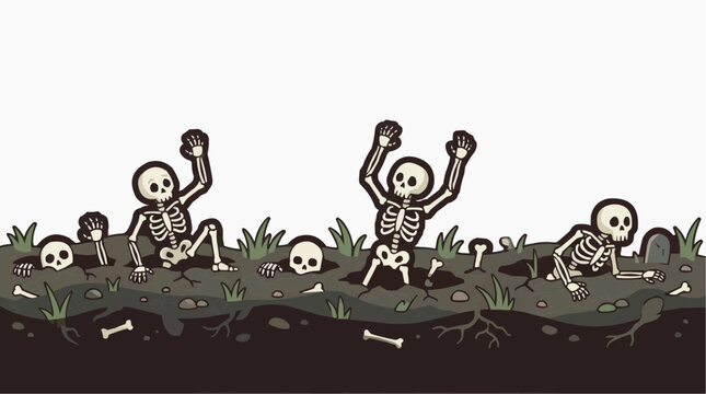 A group of skeletons rising from the ground, in a Halloween-themed illustration. Isolated on white background