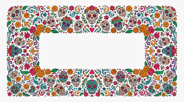 A vibrant and intricate frame inspired by the Day of the Dead, featuring colorful sugar skulls, flowers, and decorative patterns. Isolated on white background