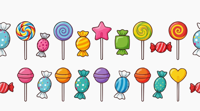 A vibrant collection of assorted candies and lollipops displayed in a colorful pattern. Isolated on white background
