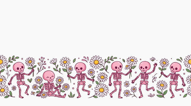 A group of pink cartoon skeletons holding daisies and flowers, dancing and celebrating. Isolated on white background