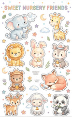 Fototapeta premium Nursery Friends Collection: A delightful compilation of adorable cartoon animals, including an elephant, giraffe, lion, bunny, deer, bear, fox, lamb, and panda.