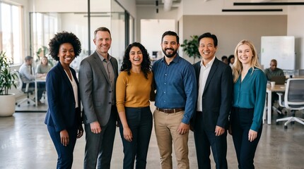 Fototapeta premium Diverse Business Professionals Smiling in a Modern Office Environment.