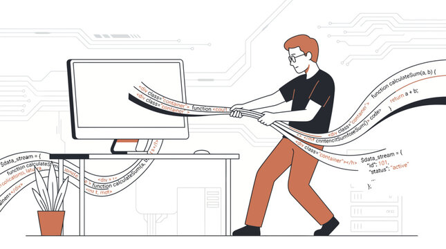 Software Developer Pulling Code Ribbons from Computer Illustration