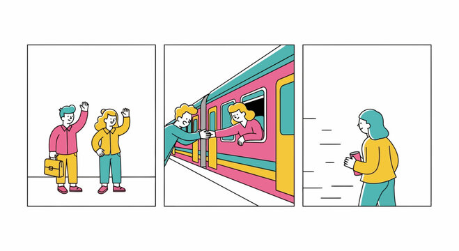 People saying goodbye and traveling by train storyboard illustration
