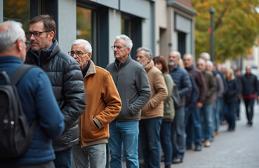 Fototapeta premium Diverse group of adults stand in a long line outside a city bank. People wait patiently in a queue for financial services. Concern shows on many faces.
