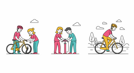 Fototapeta premium People Repairing and Riding Bicycles Outdoors Scene