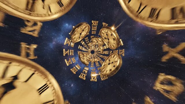 Golden pocket watches floating in dark cosmic time tunnel