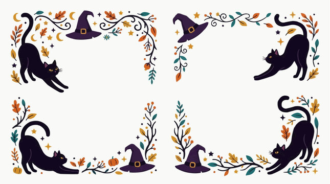 Four decorative corners featuring black cats, witch hats, and autumn leaves for Halloween celebration Isolated on white background