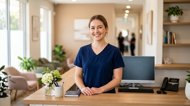 Friendly Dental Receptionist Smiling at Welcome Desk &ndash; Dental Office Front Desk Stock Photo
