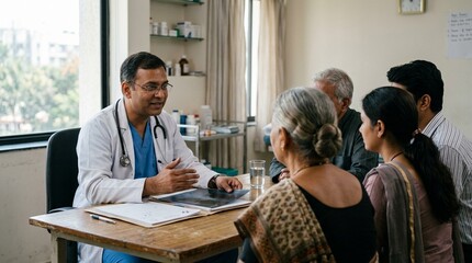 Obraz premium South Asian Male Doctor Explaining Test Results to Family – Multicultural Healthcare Stock Photo