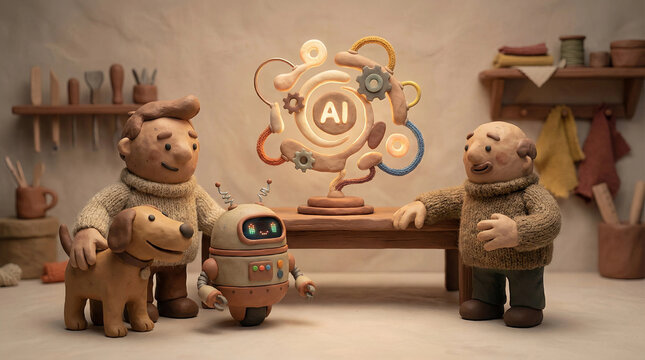 Colorful 3D clay robot and toy dogs learning about gears and circuits in workshop
