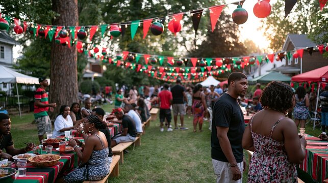 Black families and friends celebrate Juneteenth in a park with red, black, and green decorations, joyful mood, golden evening light, wide candid composition.
