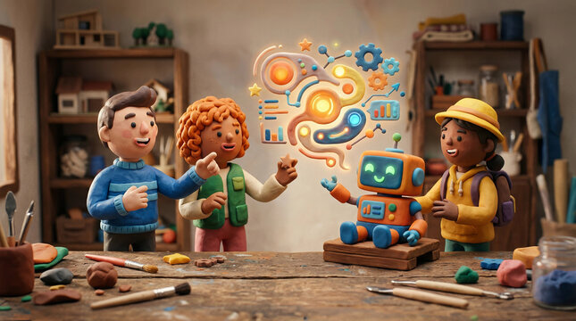 Kids sculpting clay in classroom workshop with friendly robot showing learning icons