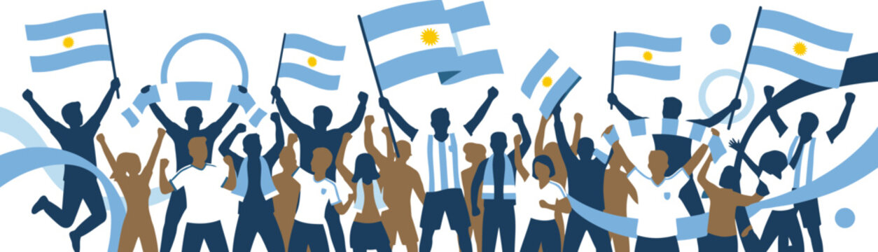 Thrilled argentine football fans celebrating national team victory, cheering, waving flags, and holding scarves in triumph.