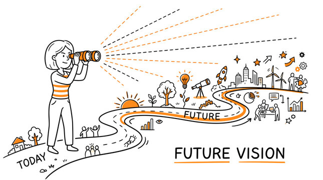 Woman with Binoculars Looking at Future Vision Path Illustration