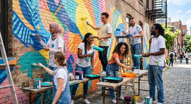 Diverse friends cooperating to paint vibrant abstract mural on urban brick wall.