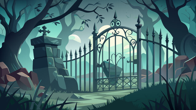 Spooky iron cemetery gate entrance at night with foggy atmosphere cemetery graveyard entrance halloween landscape illustration abandoned background atmosphere darkness paranormal