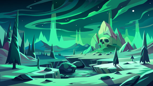Mysterious giant skull in a fantasy landscape with northern lights landscape mountains supernatural environment illustration background adventure wilderness phenomenon