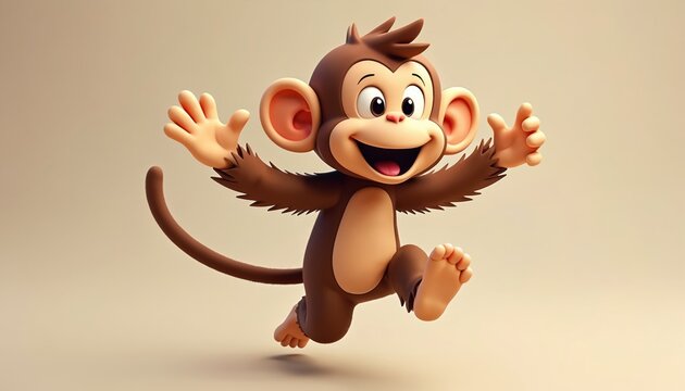 Cartoon monkey in mid-air with joyful expression. Playful character jumps with arms raised. Brown fur, cute design create fun image. Smiling animal shows happiness. Ideal for children books, web