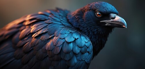 Obraz premium Close-up of raven with glossy black feathers and iridescent shades. Bird has dark beak and brown eye. Raven plumage shows blue and purple hues in sunlight. Animal looks to side.