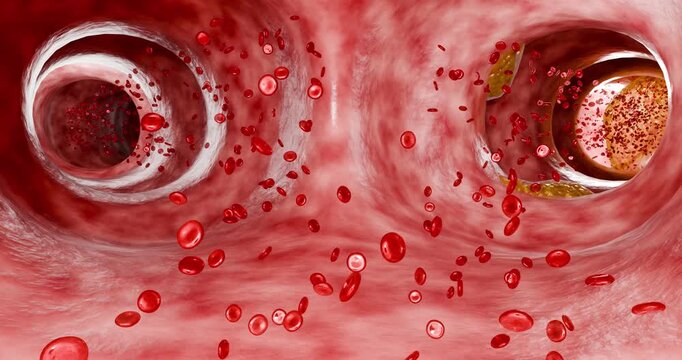 Fatty plaque accumulation inside blood vessels showing arterial narrowing, restricted circulation, and increased risk of stroke, hypertension, and coronary artery disease. 3D Rendering
