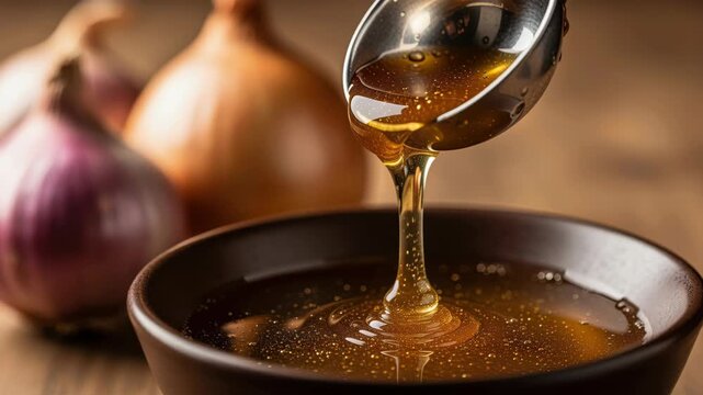 Honey and Onion Elixir: A spoonful of golden honey cascades into a bowl, with whole onions in the background, suggesting a natural remedy or culinary blend.