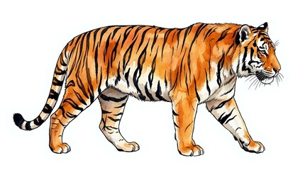 Obraz premium Tiger walking in profile with orange and black stripes, isolated on white background. Suitable for wildlife education, children's books, logos, and design projects.