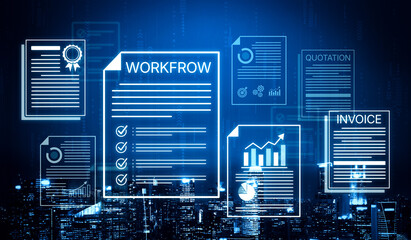 Obraz premium Workflow Management Concept with Digital Documentation and Business Analytics in a Modern Cityscape at Night. Bitwise.