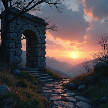 Stone archway on mountain path at sunset. Stairs lead up to ancient ruins overlooking valley. Sun sets behind misty hills painting sky with warm colors.