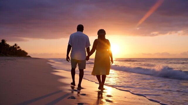 Older Black couple walking hand-in-hand on beach at sunset