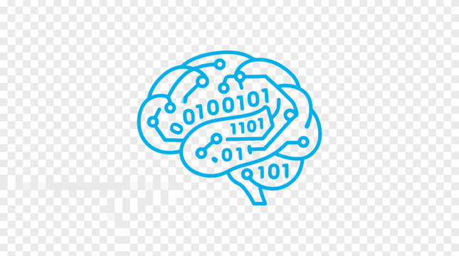 Blue artificial intelligence brain with binary code patterns.