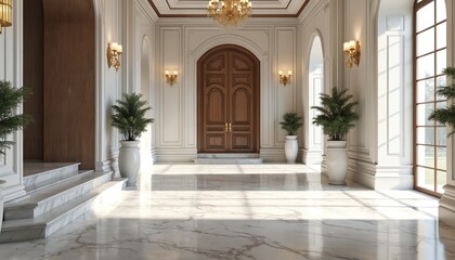 Naklejka premium Grand marble foyer with tall wooden doors and elegant lamps. Sunlight streams onto polished floor. Potted plants add life to spacious interior.