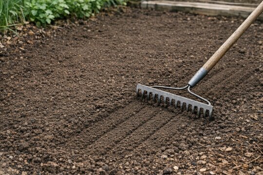 A garden rake lying in the dirt, possibly broken or abandoned