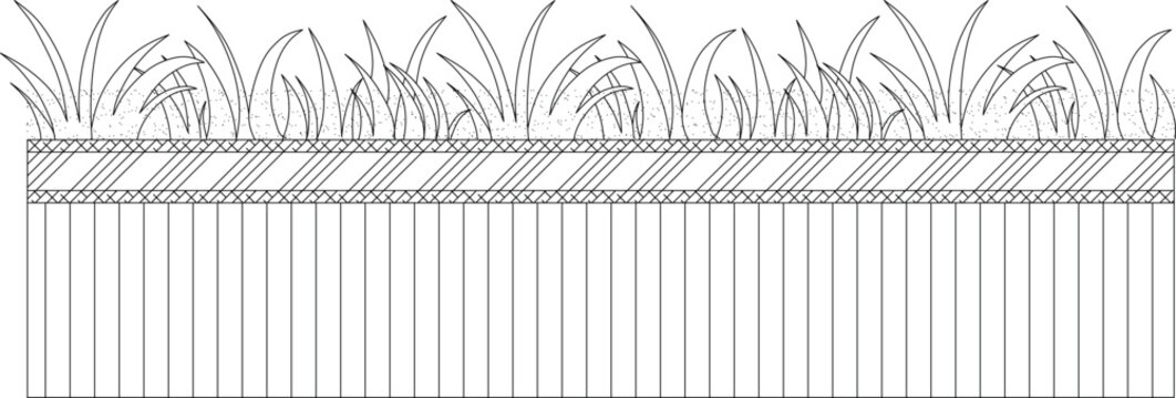 Technical 2D vector line drawing of a section view representing a grass-covered surface or green roof system, detailed with layers of substrate and structural vertical supports