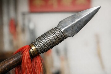 Naklejka premium A close-up shot of a knife with long, red hair tangled around its handle