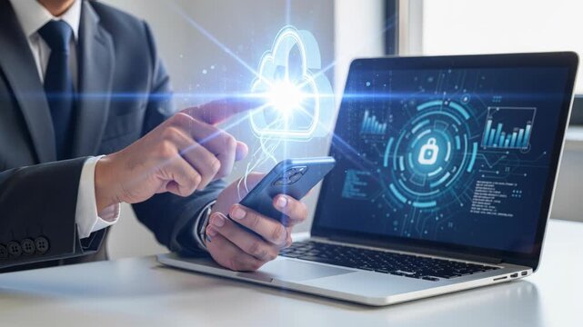 Cloud Computing Security: A businessman in a suit uses a smartphone while a laptop displays a secure cloud computing interface, highlighting data protection and digital safety.