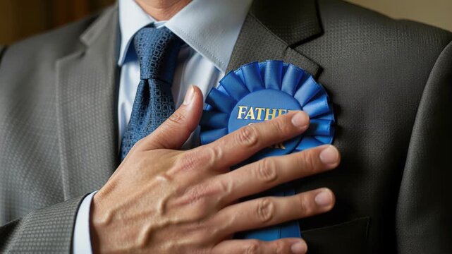 Father's Day Recognition: A close-up shot of a man in a suit wearing a blue Father award ribbon on his chest, symbolizing recognition and pride.
