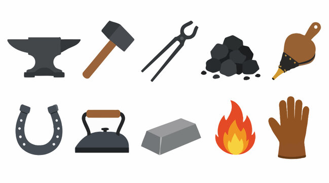 Collection of blacksmith and industrial tools and symbols.